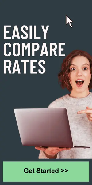 Girl holding a laptop and saying easily comparing rates, click here